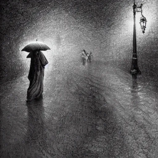 Prompt: really old witch, walking through heavy rain, melancholic, sad, lots of raindrops, detailed, cinematic, dramatic lighting, by stanislaw szukalski