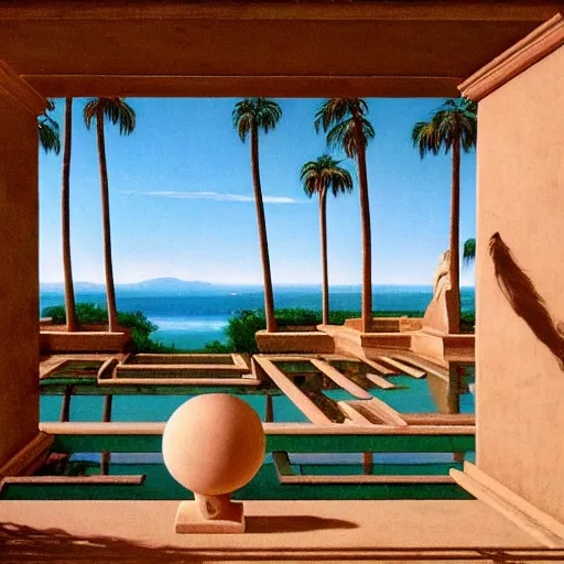 Image similar to David Ligare masterpiece, hyperrealistic surrealism, award winning masterpiece with incredible details, epic stunning, infinity pool, a surreal vaporwave liminal space, highly detailed, trending on ArtStation, broken giant marble head statue ruins, calming, meditative, geometric liminal space, palm trees, very vaporwave, very very surreal, sharp details