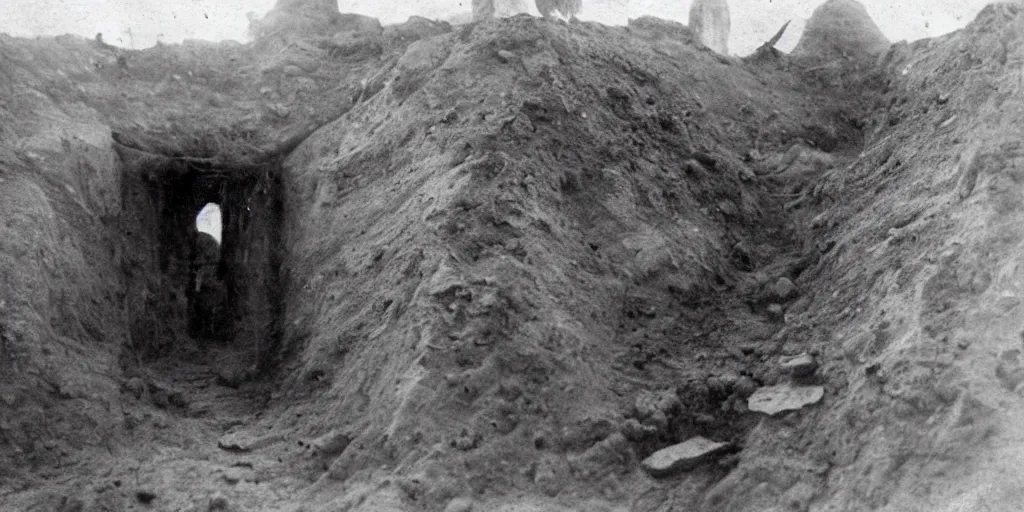 Image similar to scary unproportionable tall ghost creature in the middle of a trench, ghost, 1900s picture