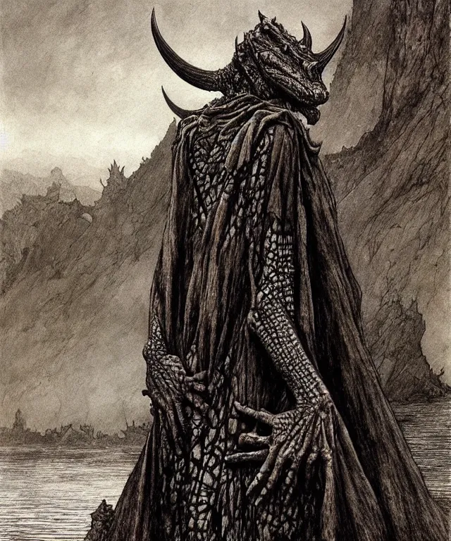 Image similar to A detailed horned crocodilewoman stands near the river. Wearing a ripped mantle, robe. Perfect faces, extremely high details, realistic, fantasy art, solo, masterpiece, art by Zdzisław Beksiński, Arthur Rackham, Dariusz Zawadzki