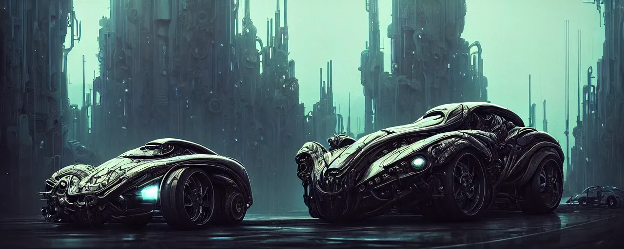 Image similar to shiny cyberpunk vehicle reminiscent of fast car with robotic enhancements parked in ancient mystic woods, gothic and baroque, brutalist architecture, ultradetailed, creepy ambiance, fog, artgerm, giger, Intricate by Ellen Jewett and Josan Gonzalez and Giuseppe Arcimboldo