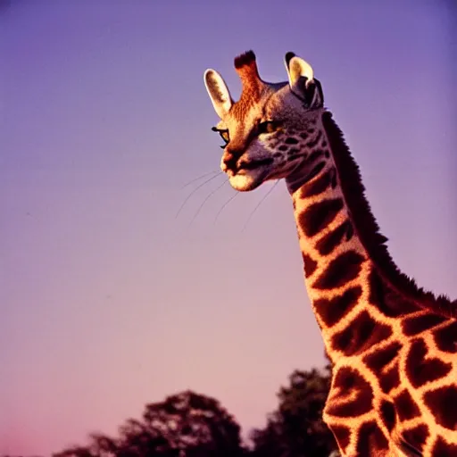 Prompt: a low angle photo of a cat giraffe hybrid, at the golden hour, dusk, sunset, sunrise, warm lighting, strongshadows, photo by slim aarons, award winning