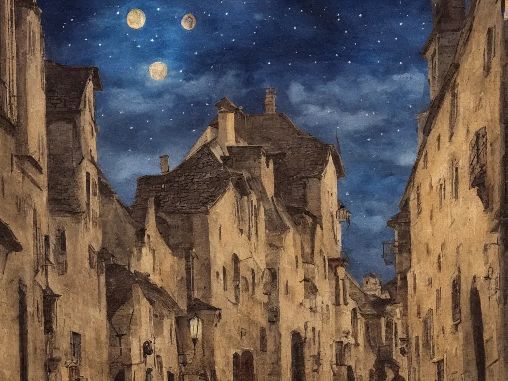 Image similar to moonlit medieval city street, moon covered with long horizontal clouds, natural colors, medieval painting