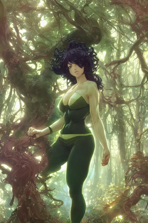 Image similar to anime key visual of a beautiful young female shehulk intricate, magical forest, stunning, highly detailed, digital painting, artstation, smooth, hard focus, illustration, art by artgerm and greg rutkowski and alphonse mucha