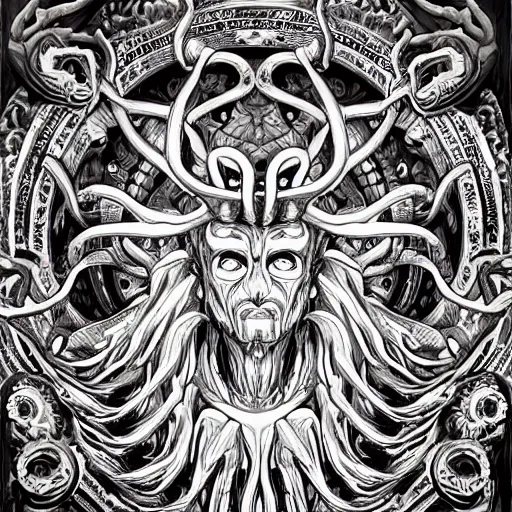 Image similar to 4K headshot of godlike Shub-Niggurath with defined arms and open hands and bloody clothes with giant mandala wings , intricate face , flawless anime cel animation by Kentaro Miura, psychedelic , highly detailed upper body , professionally post-processed , beautiful, scary, symmetry accurate features, epic, octane rendered, anime masterpiece, accurate