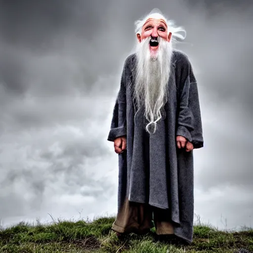 Image similar to an old druid wizard, bald, bushy grey eyebrows, long grey hair, disheveled, wise old man, wearing a grey wizard hat, wearing a purple detailed coat, a bushy grey beard, sorcerer, he is a mad old man, laughing and yelling