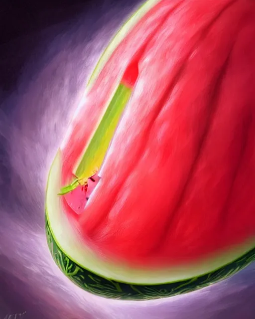 Prompt: a watermelon womb, baby in a transparent watermelon womb, gestation inside a watermelon, transparent, highly detailed, digital painting, artstation, concept art, smooth, sharp focus, illustration, art by artgerm and greg rutkowski and alphonse mucha