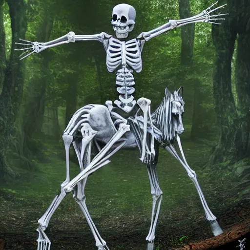 Image similar to a skeletal centaur in a magical forest, nekro style. Very detailed 8k