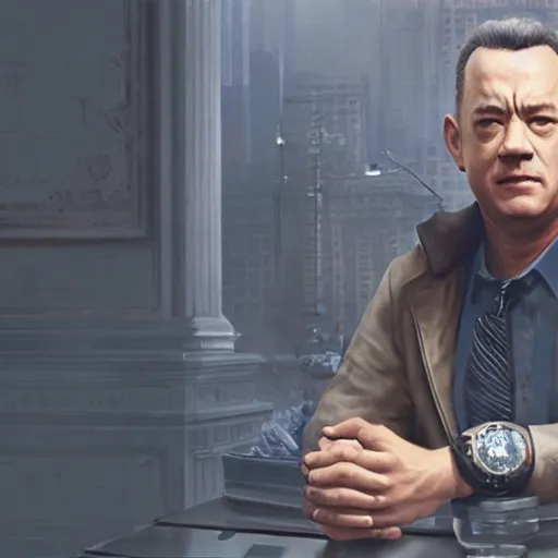 Image similar to a highly detailed matte portrait of tom hanks as a sam fischer, spy novel by tom clancy, unreal engine, volumetric lighting, exquisite detail, 8 k, art by greg rutkowski and alphonse mucha