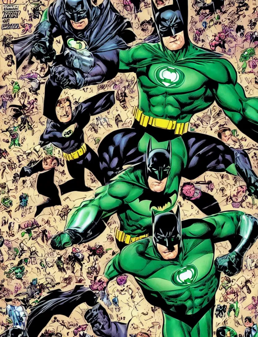 Image similar to a Batman comic cover from 1999 with Green Lantern on the background