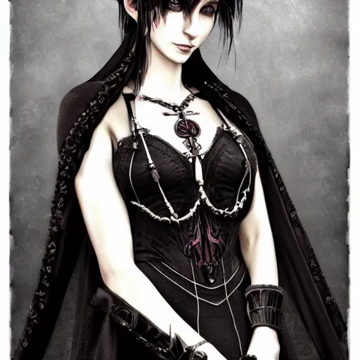 Image similar to full length portrait of a woman with timeless beauty & breathtaking eyes dressed in gothic attire, intricate, elegant, DSLR 8K, biblical art, realism, incomprehensible detail, final fantasy & silent hill aesthetic, photorealistic, lifelike, created by Razaras on deviantart