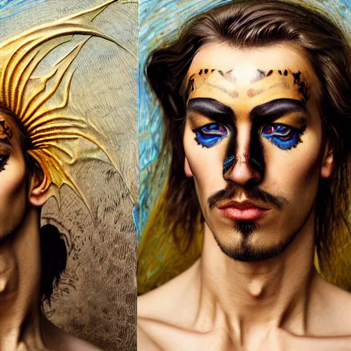 Image similar to an award finning closeup facial portrait by akseli kallen gallela luis rogyo and john howe of a bohemian male cyberpunk traveller clothed in excessivelyg fashionable 8 0 s haute couture fashion and wearing ornate art nouveau body paint