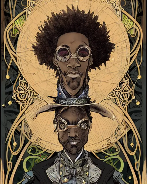 Image similar to a detailed portrait illustration of a steampunk wizard - sage. beautiful black male face, thin, hollow eyes. blonde afro hairstyle. art nouveau, pop art, comic book style. influenced by neil gaiman, h. p. lovecraft, dan mumford, brian froud, vadim voitekhovitch, osborne macharia, ross tran.