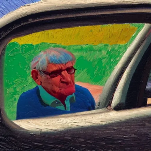 Prompt: a close up view of an old man crying in the rearview mirror, faux-naif painting by david hockney, heavily textured oil painting, impasto painting