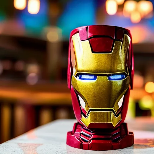 Image similar to a closeup photorealistic photograph of an iron man style tiki mug at a trader vic's beach bar featuring the face of iron man. tiki party. bright scene. fine detail. this 4 k hd image is trending on artstation, featured on behance, well - rendered, extra crisp, features intricate detail, epic composition and the style of unreal engine.