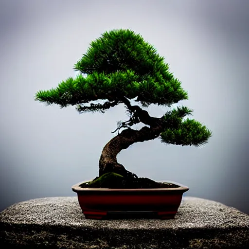 Prompt: fhoto bonsai fir on a small on a rectangular rock in lake, fog, medium shot, cinematic