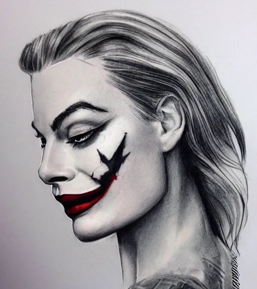 Prompt: tattoo design sketch of beautiful margot robbie portrait with joker makeup, in the style of den yakovlev, realistic face, black and white, faded edges, realism tattoo, hyper realistic, highly detailed