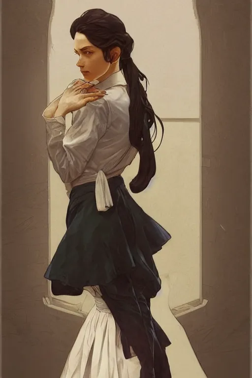 Image similar to cottagecore, Levi Ackerman, wearing a maid outfit.elegant. highly detailed, digital painting, artstation, concept art, smooth, sharp, focus, illustration. art by artgerm and greg rutkowski alphonse mucha and Marat Safin