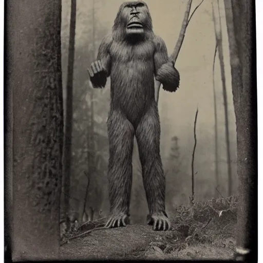 Prompt: 1 9 th century daguerreotype of the first sighting of bigfoot, black and white, horror, forest