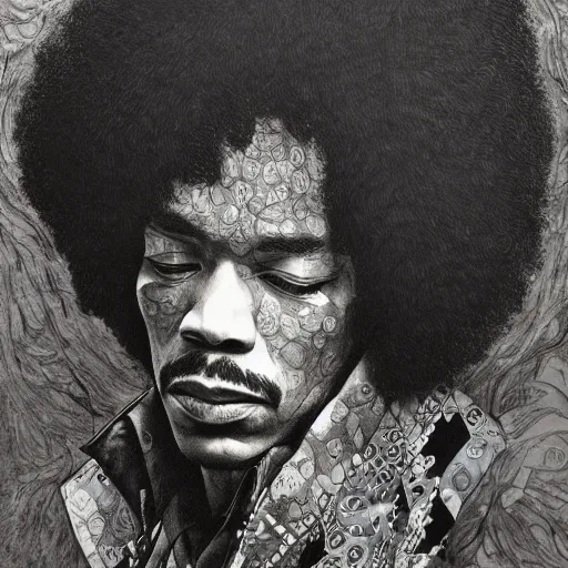 Image similar to artwork by Franklin Booth showing a portrait of Jimi Hendrix, afro futurism