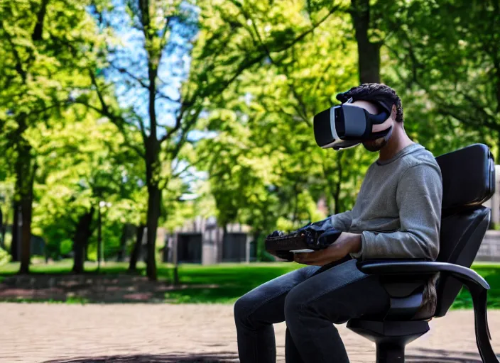 Image similar to photo still of a bronze statue of a man gaming in vr in a park on a bright sunny day, 8 k 8 5 mm f 1 6