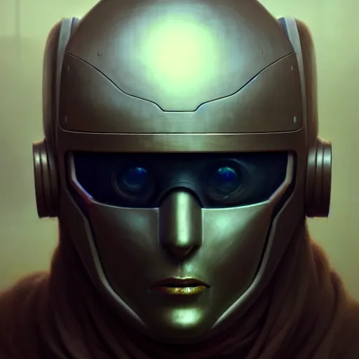 Image similar to detailed character concept art portrait of a masked robot, muted color palette, trending on artstation, award - winning video game concept art by jim burns and greg rutkowski, beksinski, a sci - fi concept art masterpiece, james gilleard, bruegel, alphonse mucha, and yoshitaka amano.