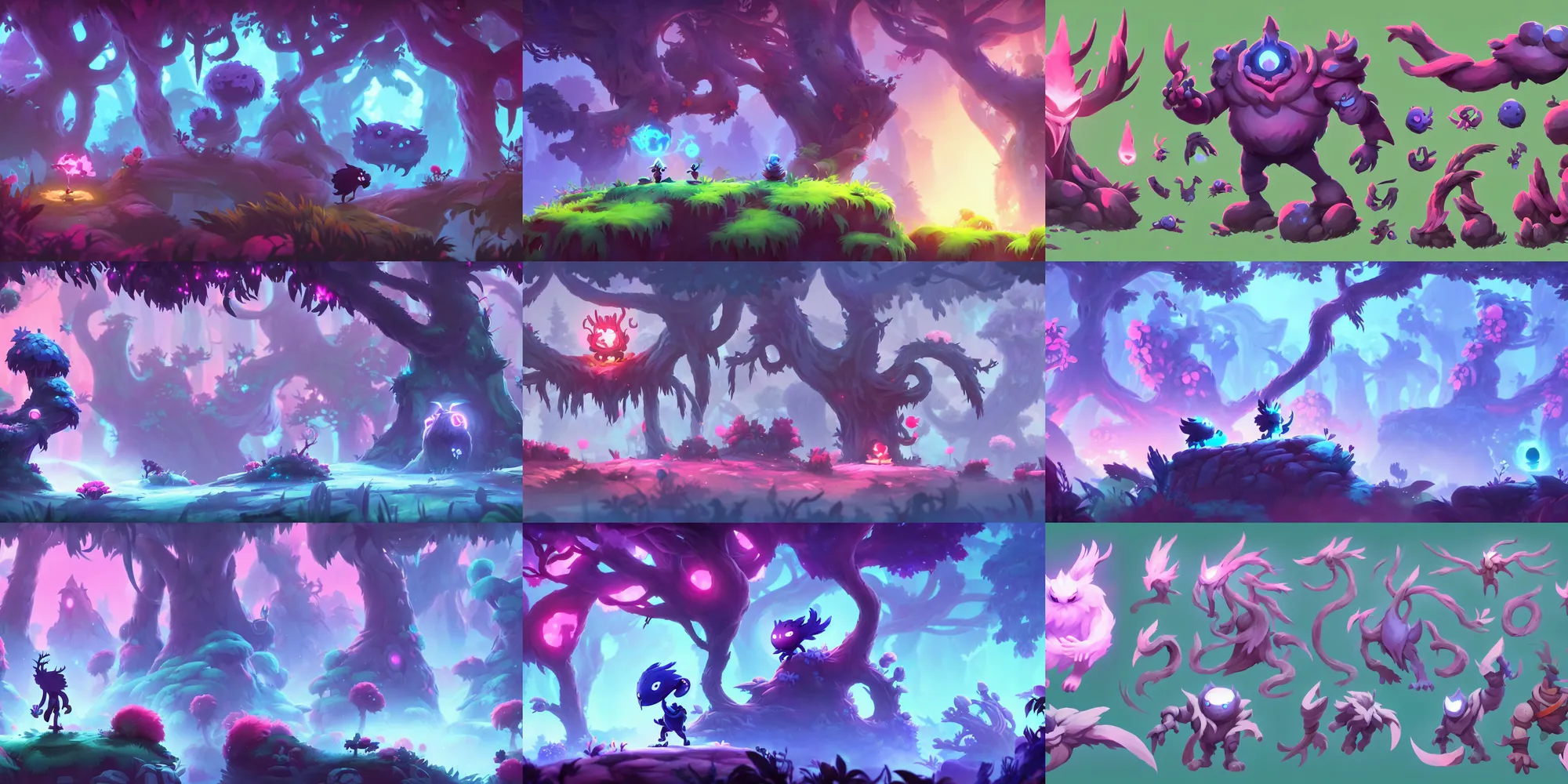 Prompt: game asset of ori and the blind forest, in gouache detailed paintings, props, stylized, 2 d sprites, kitbash, arcane, overwatch, blue and pink color scheme, 8 k, close up
