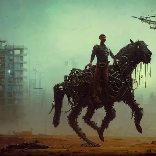 Image similar to photo of VAZ2105 mechanical horse as a loading screen, intricate, dystopian, sci-fi, extremely detailed, digital painting, artstation, concept art, smooth, sharp focus, illustration, intimidating lighting, incredible art by artgerm and greg rutkowski and alphonse mucha and simon stalenhag