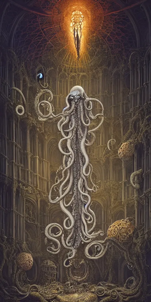 Image similar to group of mankind species mages with big octopus heads and a lot of translucent jellyfishes floating around inside an ancient mage castle hall colossal scale, gothic and baroque, brutalist architecture, ultradetailed, Intricate by Ellen Jewett and Josan Gonzalez and Giuseppe Arcimboldo