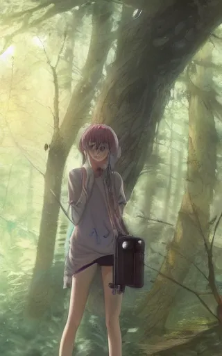 Image similar to anime character in the woods, hyperrealistic, trending on pixiv fanbox, painted by greg rutkowski makoto shinkai takashi takeuchi studio ghibli, akihiko yoshida