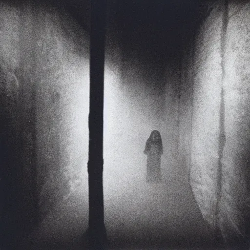 Image similar to Photograph of Samara Morgan crawling through Silent Hill, dark, no lights, moist, taken using a film camera with 35mm expired film, bright camera flash enabled, award winning photograph, creepy, liminal space