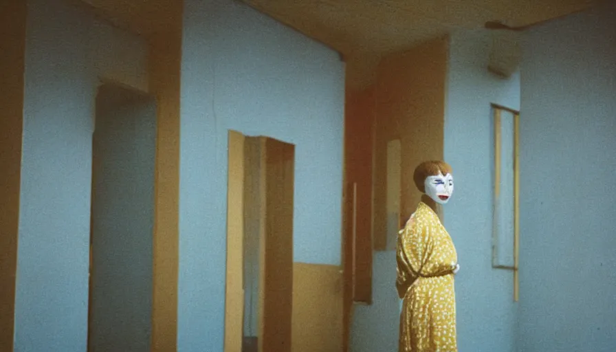 Prompt: 60s movie still of a white female japanese phantom in an empty yellow tiles ballroom with light blue beds, cinestill 800t 35mm technicolor, heavy grain, high quality, higly detailed, liminal space style