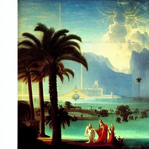 Image similar to Palace floating in the sky, 1km tall, thunderstorm, greek pool, beach and palm trees on the background major arcana sky, by paul delaroche, hyperrealistic 4k uhd, award-winning very detailed