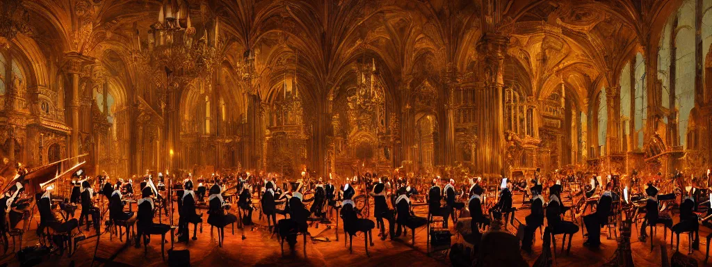 Image similar to painting of a tango orchestra performance in a gigantic church, epic, cinematic composition, ultra detailed, 4 k, ( distant shot ), dramatic lighting, trending on artstation