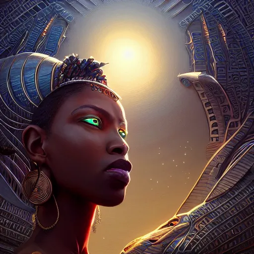 Image similar to highly detailed portrait of an african egyptian goddess destroying her ego, intricate alien technology, stephen bliss, unreal engine, fantasy art by greg rutkowski, loish, rhads, ferdinand knab, makoto shinkai and lois van baarle, ilya kuvshinov, rossdraws, tom bagshaw, global illumination, radiant light, detailed and intricate environment