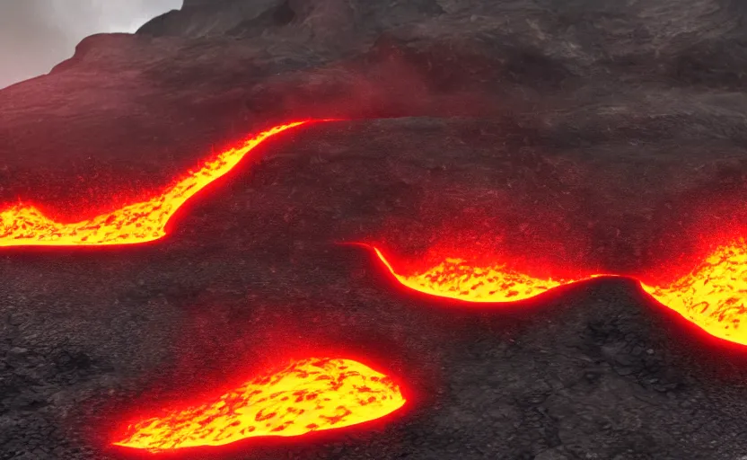 Prompt: surfing down a river of lava on the side of a volcano, action shot, dystopian, motion blur, sharp focus, imax, octane render