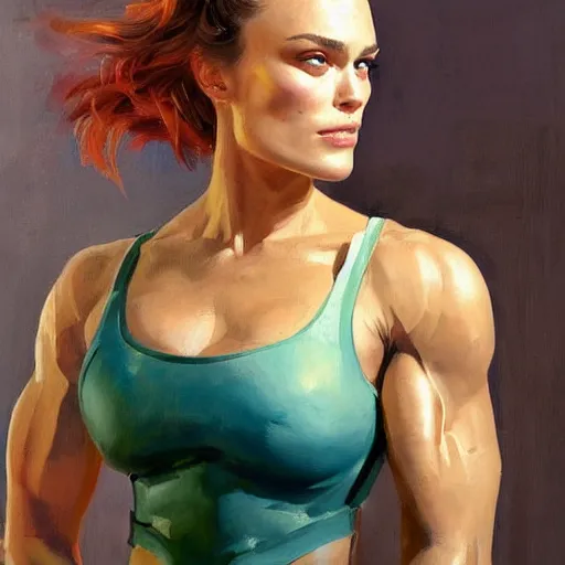 Image similar to greg manchess portrait painting of confident keira knightley as beautiful thick female bodybuilder zarya from overwatch, medium shot, asymmetrical, profile picture, organic painting, sunny day, matte painting, bold shapes, hard edges, street art, trending on artstation, by huang guangjian and gil elvgren and sachin teng