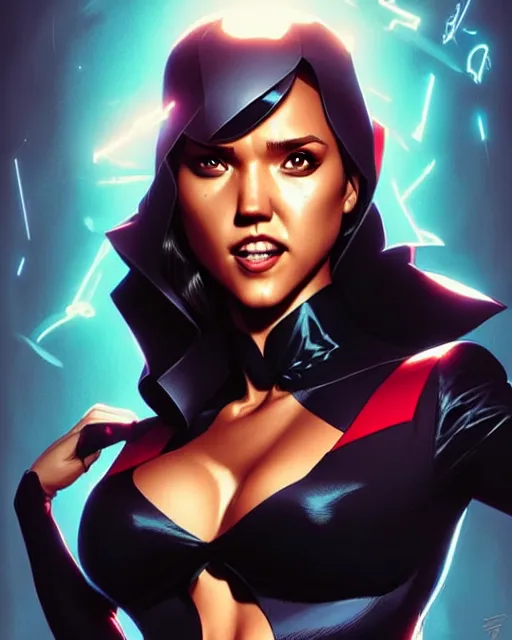 Prompt: artgerm, greg rutkowski comic book cover art, jessica alba as zatanna