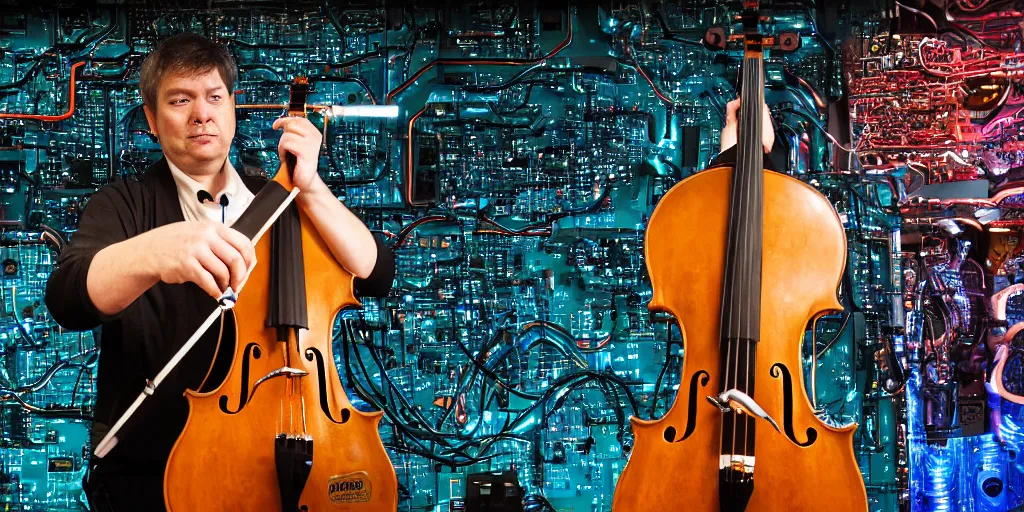 Prompt: A man playing a cybernetic cello made from circuit boards and vacuum tubes, bright colors, cinematic, smooth, dramatic, detailed and realistic photograph, 8k, unreal engine, hyper realistic, fantasy concept art, XF IQ4, 50mm, F1.4, ISO 200, 1/160s, natural light, Adobe Lightroom, photolab, Affinity Photo, PhotoDirector 365