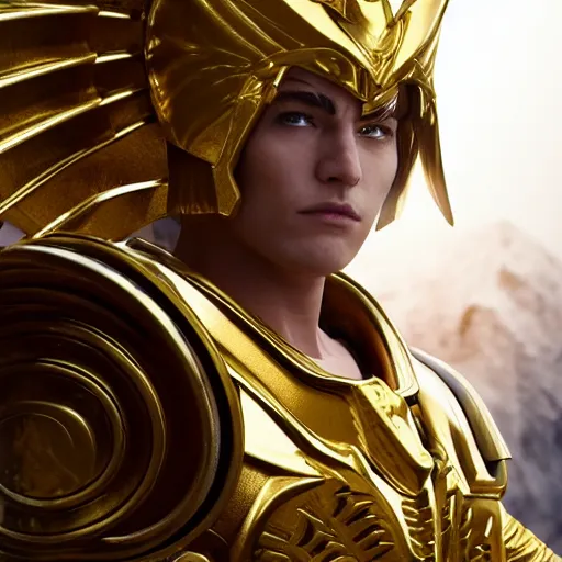 Image similar to a live action menacing, medium close - up, studio studio photographic portrait of the gold saint of geminis from saint seiya : knights of the zodiac, wearing gold armor, gemini gold cloth, in the background is the old temple of athena ( greece ), photoshopped, octane render, hyperrealistic, ultra detailed, symmetrical, 8 k, arnold render