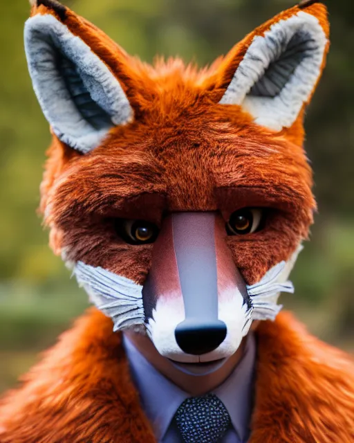 Image similar to portrait photo headshot still of a fursuit, 8 k, 8 5 mm f 1. 8, fursuit, fox