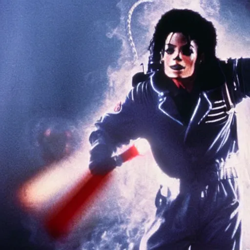 Image similar to stunning awe inspiring michael jackson with a highly detailed face as a ghostbuster in the movie ghostbusters, movie still 8 k hdr atmospheric lighting