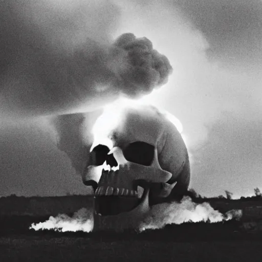 Prompt: an old black and white photo of a massive fire burning in the shape of a skull,