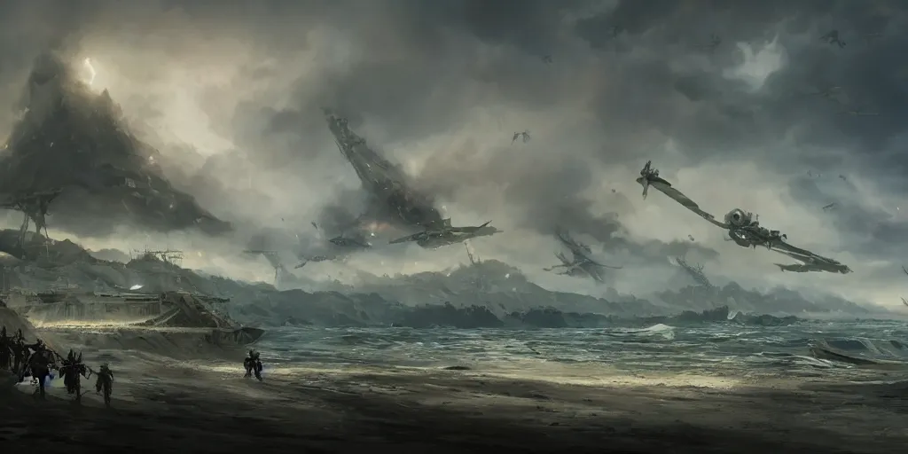 Image similar to WW2 omaha beach, dark fantasy, matte painting, detailed, 4k, style of peter mohrbacher