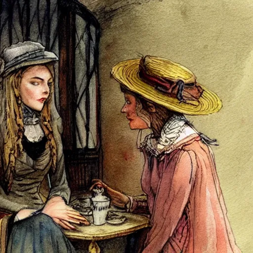 Image similar to a mummy in victorian clothes hat has an intimate conversation with a woman in victorian clothes, watercolor graphic novel style by alan lee and john howe, style of professors daughter