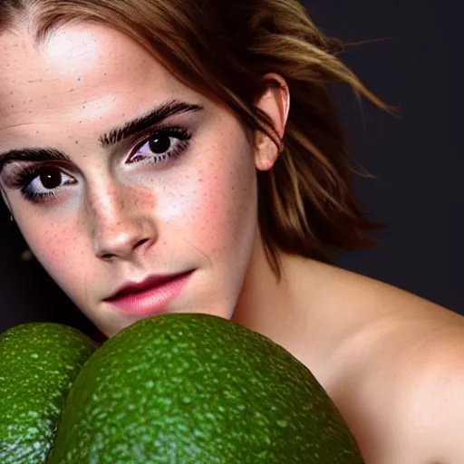 Image similar to portrait photograph of emma watson an an avocado