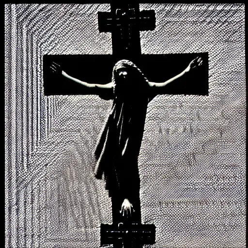 Image similar to vhs static overlay of sign of the cross, angel apparitions, vhs, 1 9 9 0, highly realistic, highly detailed, vhs noise static, black and white, vhs glitch