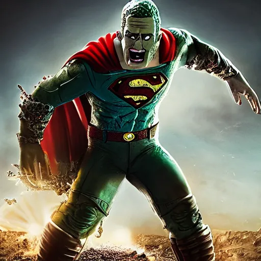 Image similar to pickle rick as superman! flying in ( gears of war ), splash art, movie still, detailed face, photo realistic facial features, cinematic lighting, dramatic, octane render, long lens, shallow depth of field, bokeh, anamorphic lens flare, 8 k, hyper detailed, 3 5 mm film grain