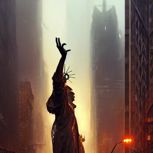 Image similar to a bronze statue stands as the centerpiece of cyberpunk new york city, fantasy, intricate, elegant, digital painting, trending on artstation, concept art, sharp focus, illustration by greg rutkowski, Gaston Bussiere and artgerm, 4k.