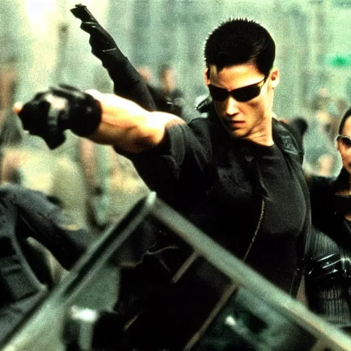 Image similar to trinity fighting cops. Matrix movie screenshot. Epic keyframe.